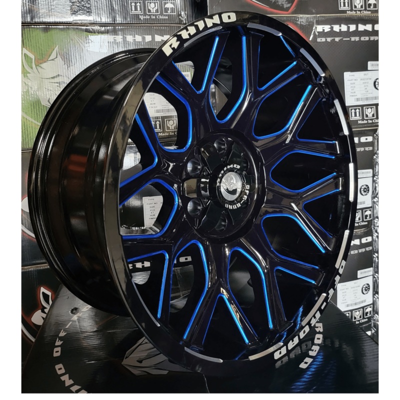SET OF 5 22X12 RHINO PREDATOR OFFROAD WHEELS BLUE MILLING WINDOW & RIVETS 139.7+127X10H