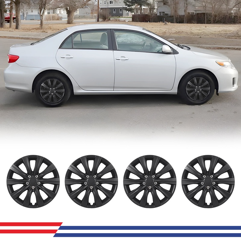 WINJET 16′ Hubcaps Wheel Rims Cover for 2009-2024 TOYOTA COROLLA/2009-2014 TOYOTA MATRIX – Matte Black (With Decorative Screws)