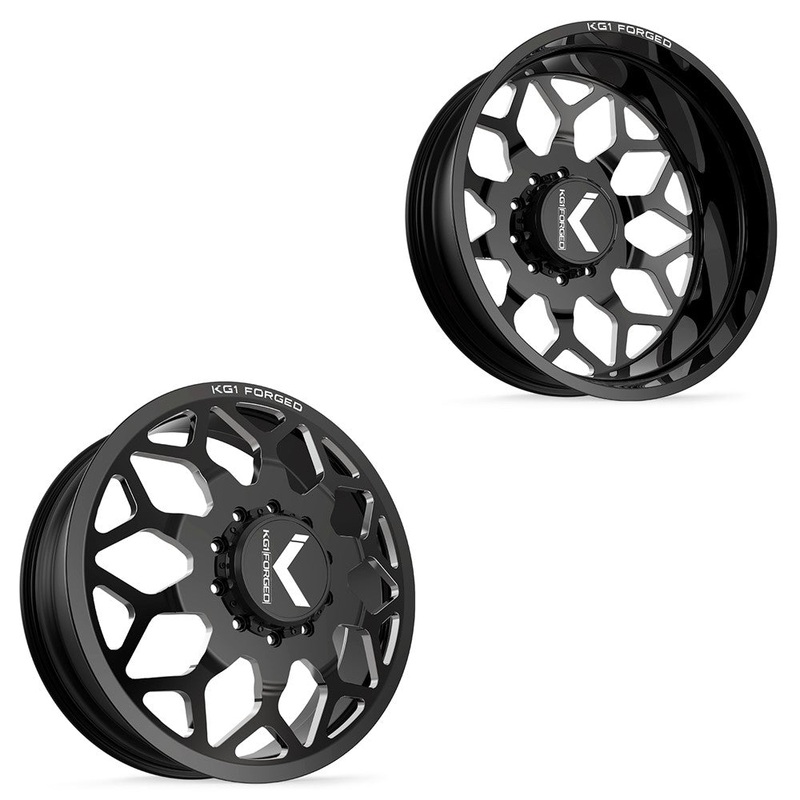 24×8.25 KG1 Forged KD016 Luxor Gloss Black Premium Milled PRE-11 GM PRE-19 DODGE DUALLY Wheels 8×6.5 Set of 6 (Fits UP to 12.50 tire)