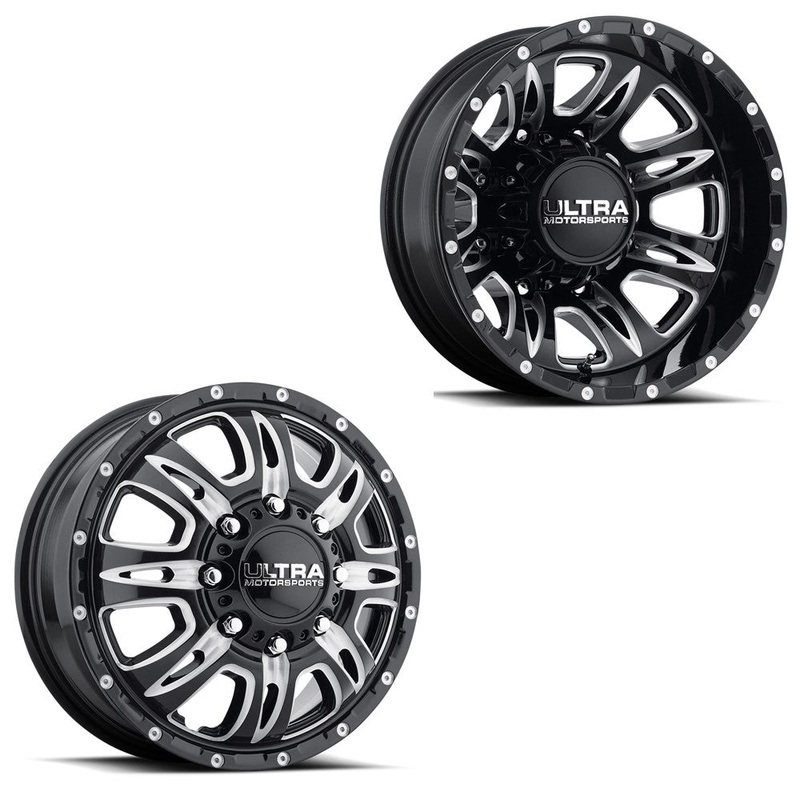 17×6.5 Ultra 049BM Predator Gloss Black Milled 05-UP FORD 19-UP DODGE DUALLY Wheels 8×200 Set of 4 (Fits Stock Tire Sizing)