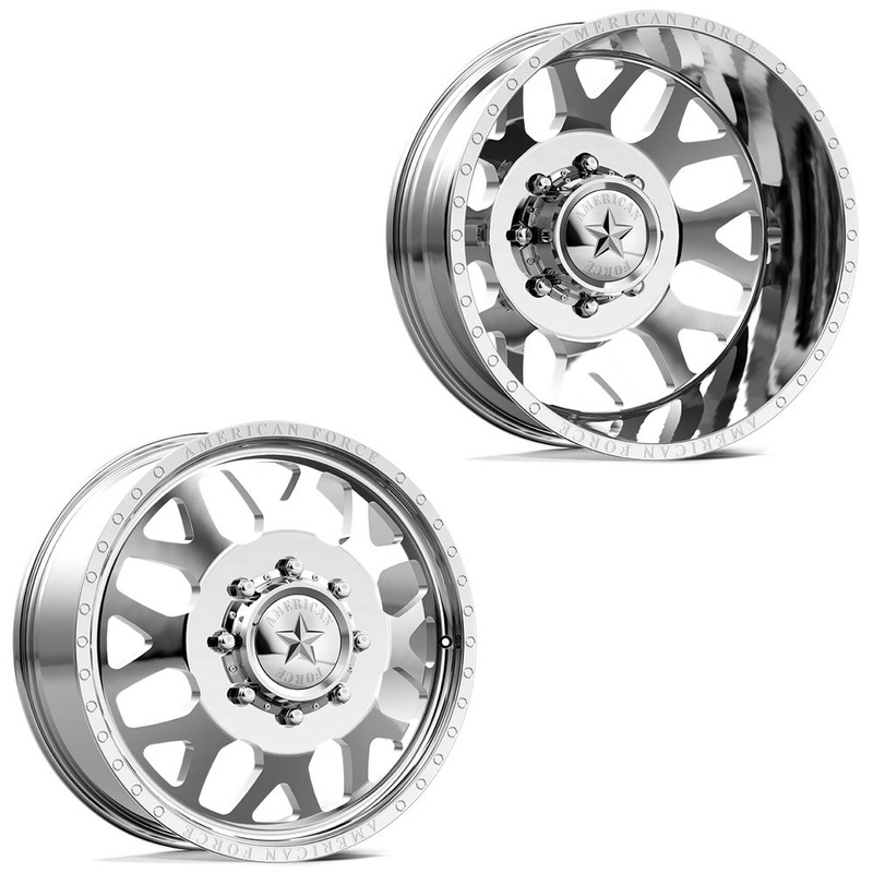 24×8.25 American Force DB03 Payload Polished 11-UP GM DUALLY Wheels 8×210 Set of 6 (Fits up to 12.50 tire)