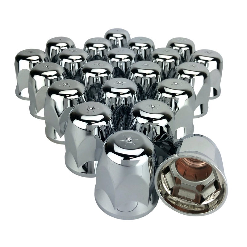 20 Pack – ALCOA 33mm Chrome Push On Hex Lug Nut Cover with Flange, Interior Metal Clips
