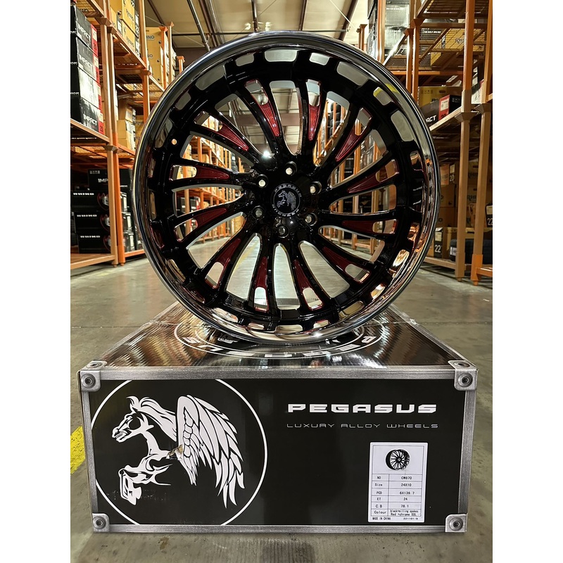 SET OF 2 PEGASUS 24×9 STAGGERED STREET BLACK RED MILLED WITH CHROME WHEELS