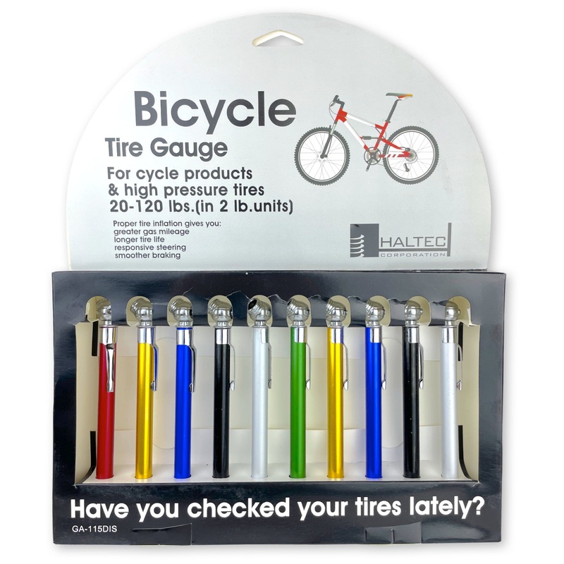 10 Haltec GA-115 pencil tire air gauges with pocket clips and built in deflators for low pressure tires display pack. Measures 20-120psi in 2 lb increments and comes with convenient Retail Display Box