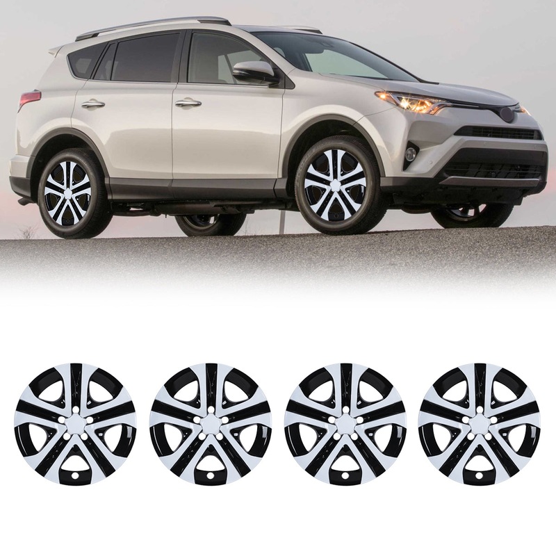 WINJET 17′ Hubcaps Wheel Rims Cover for 2013-2018 TOYOTA RAV4 – Black & White Lacquer