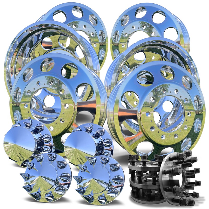 24 Big Hand Hole Forged Wheels & 8-to-10 Lug Adapter Kit  Fits 19942018 Ram 3500 Dually  Mirror Polished (6 Wheels w/ Chrome Caps)