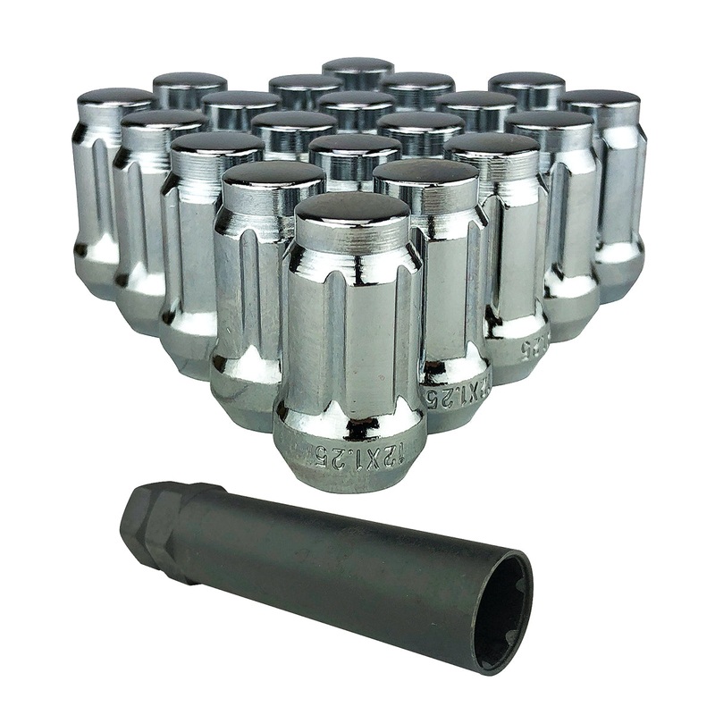20 Pack Chrome 6 Spline 12×1.25 Tuner Lug Nuts for Cone Seat Wheels with Adapter Key