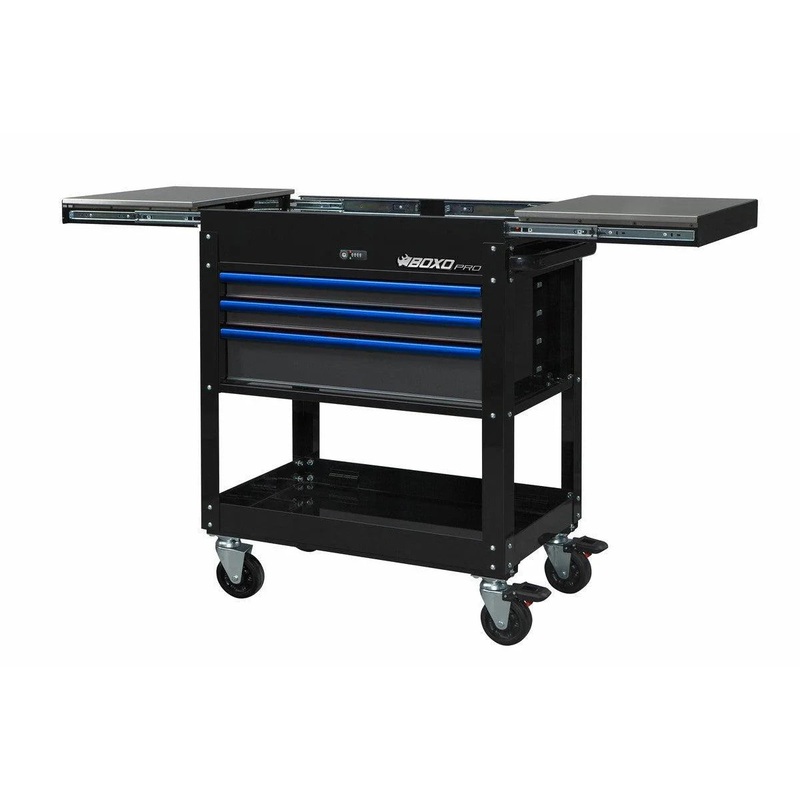 Boxo USA – Pro Series | 35″ 3-Drawer Slide-Top Service Cart Tool Box only Black with Blue Handles – UAS340071L-BK-B
