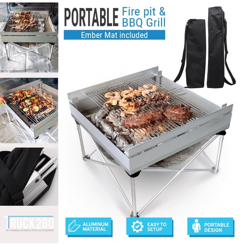 TRUCK2GO Protable Aluminum Lightweight Fire Pit / BBQ Grill with Ember Mat