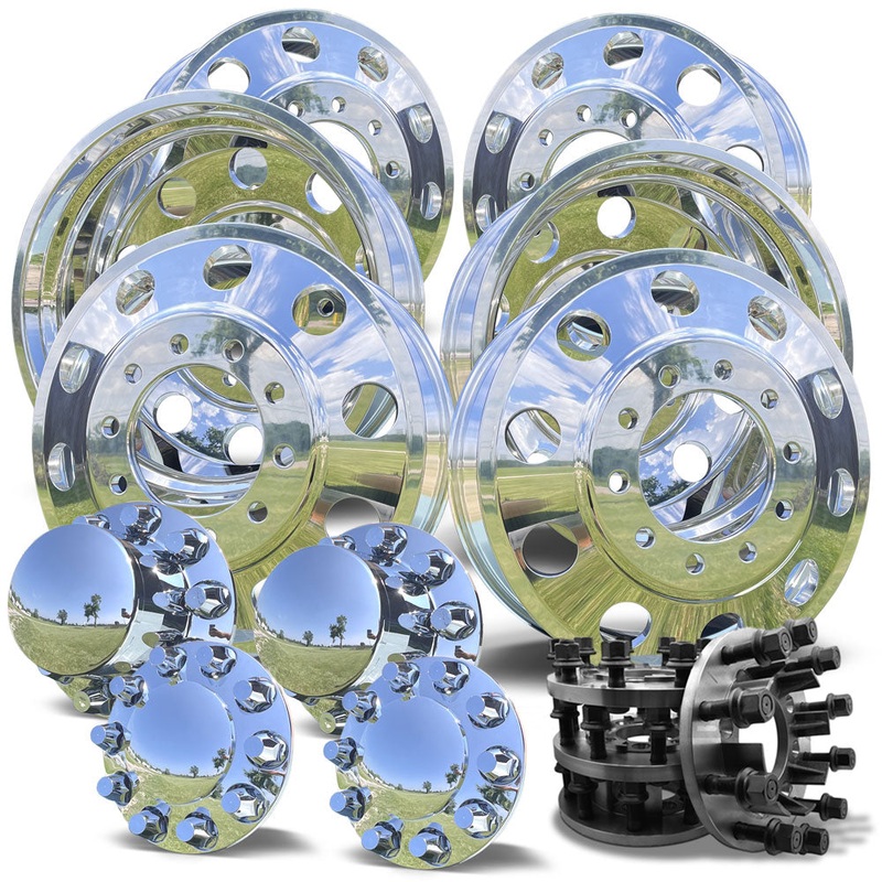 24″ Polished Aluminum Wheels w/ Adapter Kit and Chrome Caps (Ford F350 350 DRW 1984-1997)