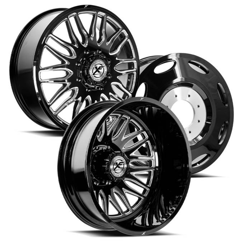 26×8.25 XF Off-Road XF-240 Gloss Black Milled 05-UP FORD 19-UP DODGE DUALLY Wheels 8×200 Set of 6 (Fits UP to 13.50 tire)