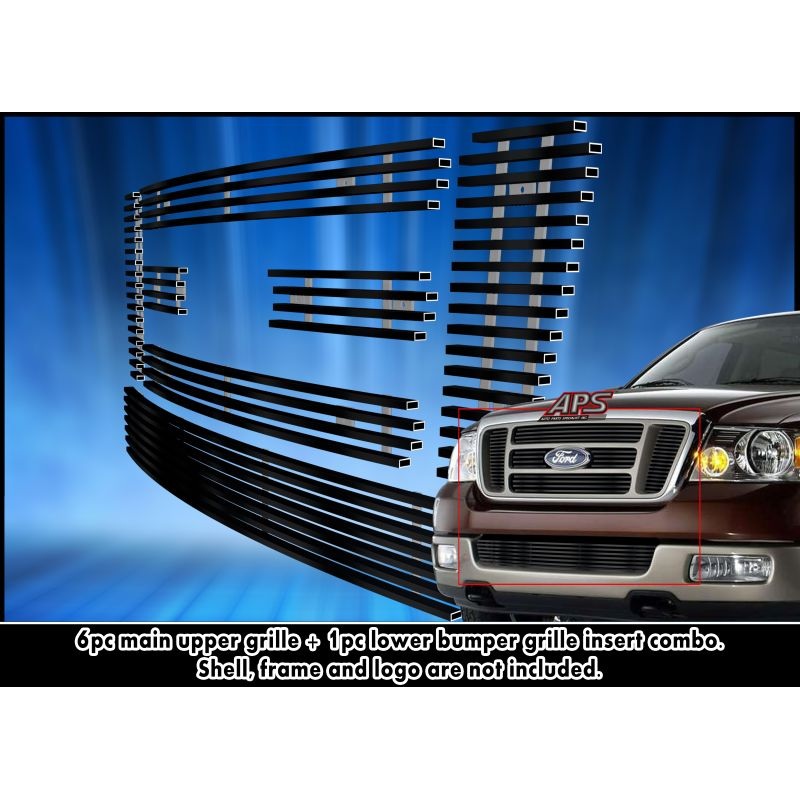 APS GR06FGI95J Main Upper & Lower Bumper Black Stainless Steel Billet Grille Fits 2004-2008 Ford F-150