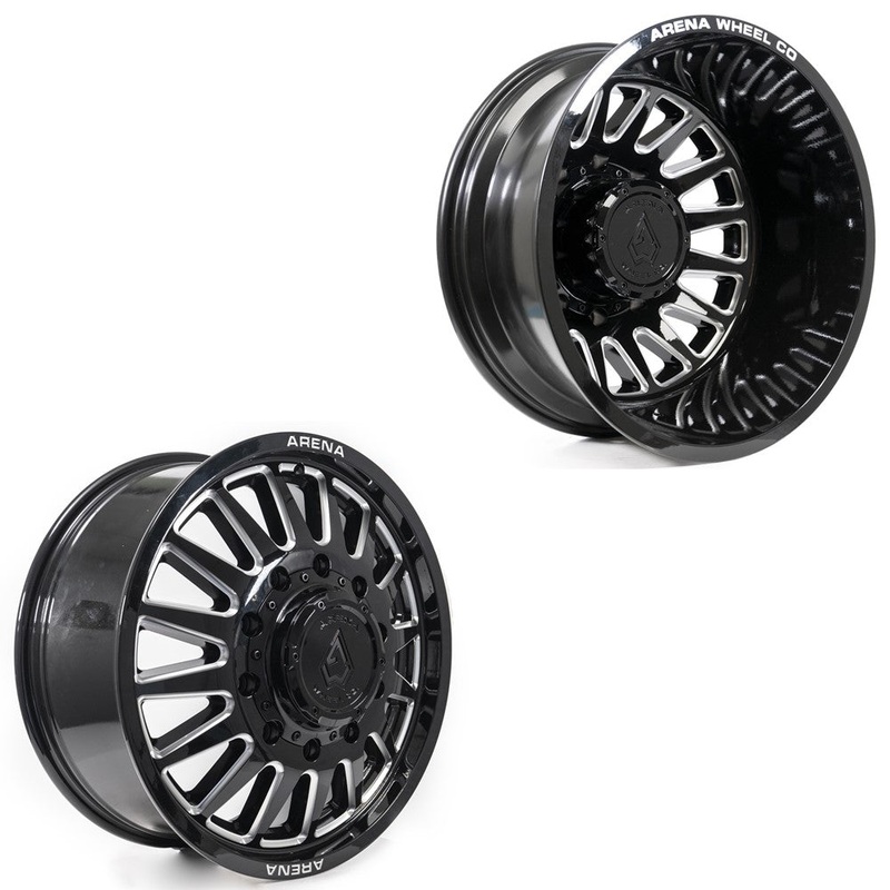 22×8.25 Arena A110 Rival Gloss Black and Milled 05-UP FORD 19-UP DODGE DUALLY Wheels 8×200 Set of 6 (Fits UP to 12.50 tire)