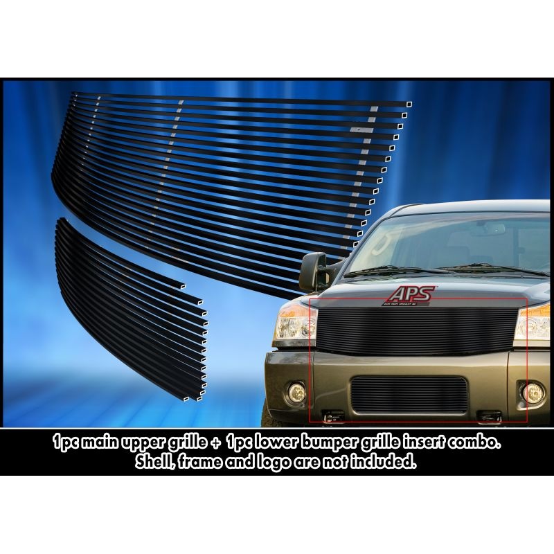 APS GR14HGH16J Main Upper & Lower Bumper Black Stainless Steel Billet Grille Fits 2004-2007 Nissan Armada