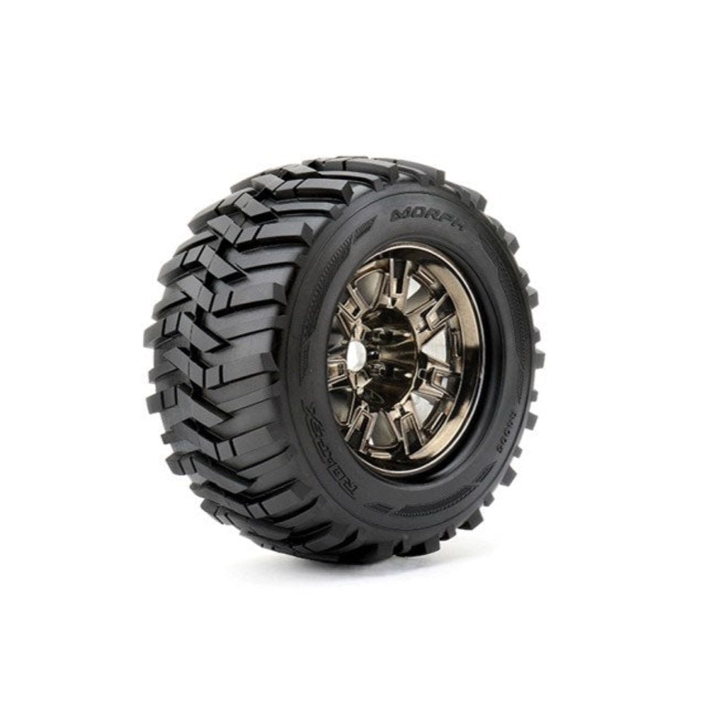 ROPR4005-CB0 Morph 1/8 Monster Truck Tires Mounted on Chrome Black