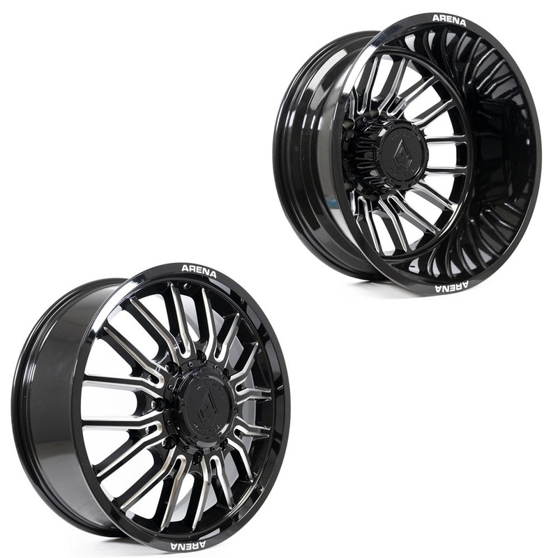 22×8.25 Arena A113 Thunder Gloss Black and Milled 05-UP FORD 19-UP DODGE DUALLY Wheels 8×200 Set of 6 (Fits UP to 12.50 tire)