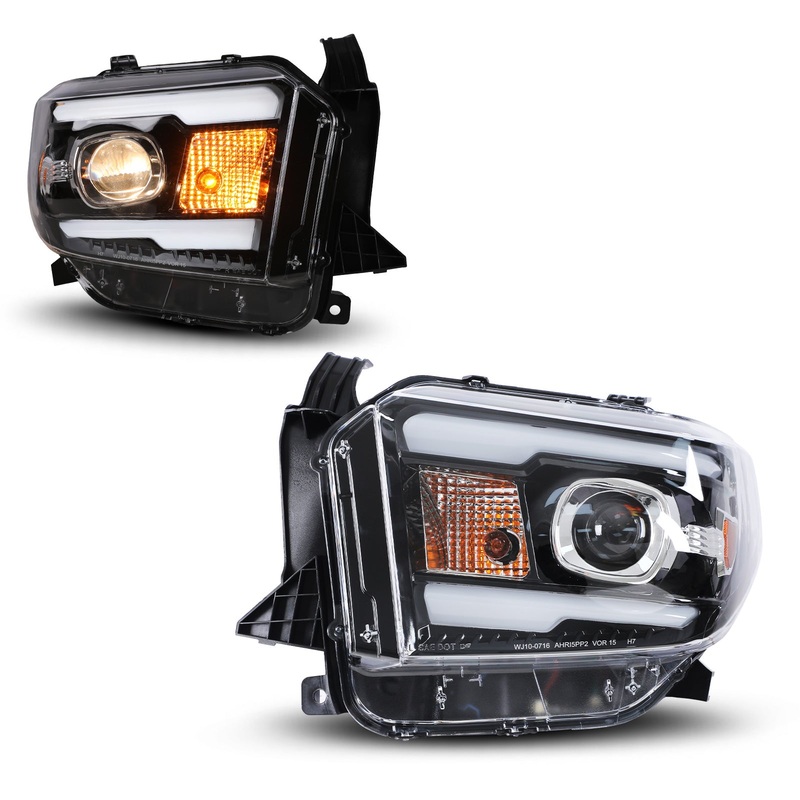 For 2014-2017 Toyota Tundra Platinum w/ LEVEL ADJUSTER LED DRL Headlights – Glossy Black/Clear