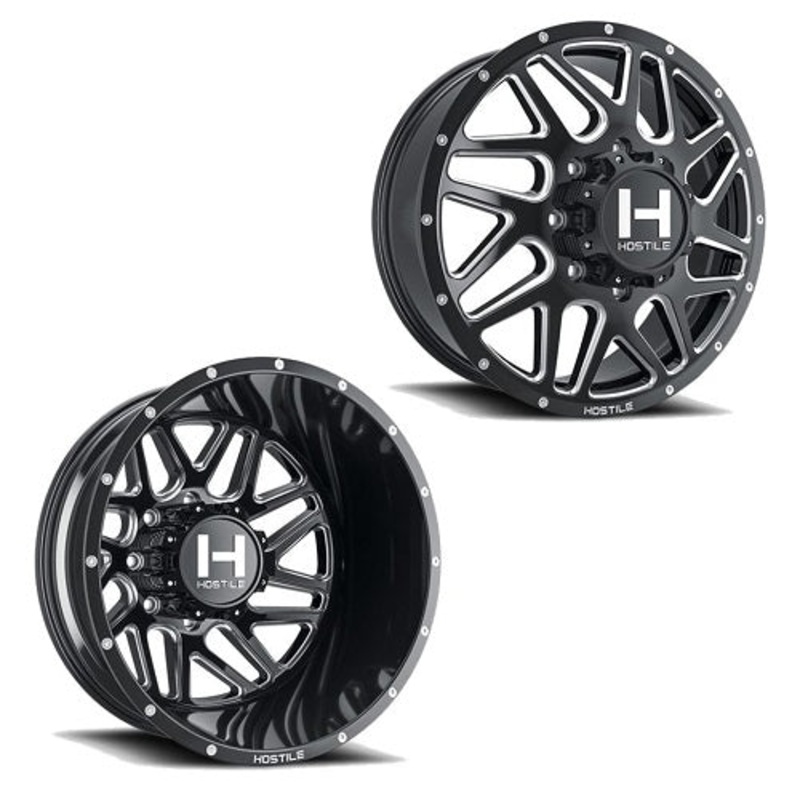 22×8.25 Hostile H401 Sprocket Black Milled PRE-11 GM PRE-19 DODGE DUALLY Wheels 8×6.5 Set of 6 (Fits UP to 12.50 tire)