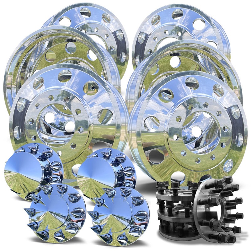 24″ Aluminum High Polished Both Sides 2019-Present Dodge Ram 3500 DRW 10×285.75 6 Wheels With Chrome Caps And Adapter Kit