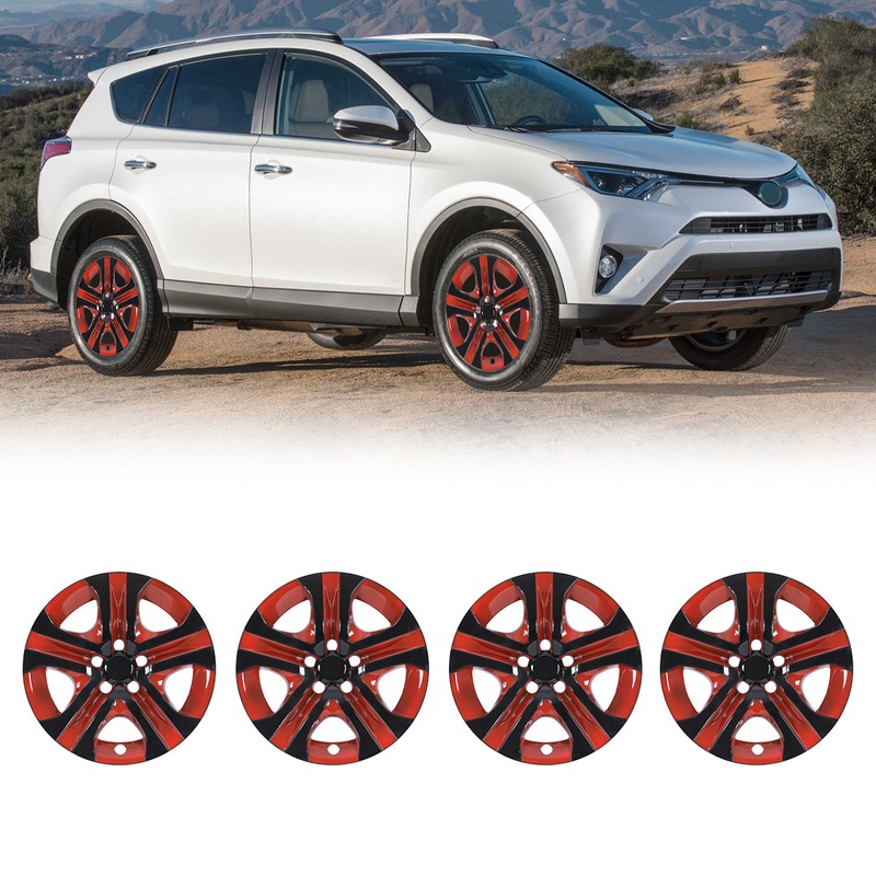 WINJET 17′ Hubcaps Wheel Rims Cover for 2013-2018 TOYOTA RAV4 – Black & Red Lacquer