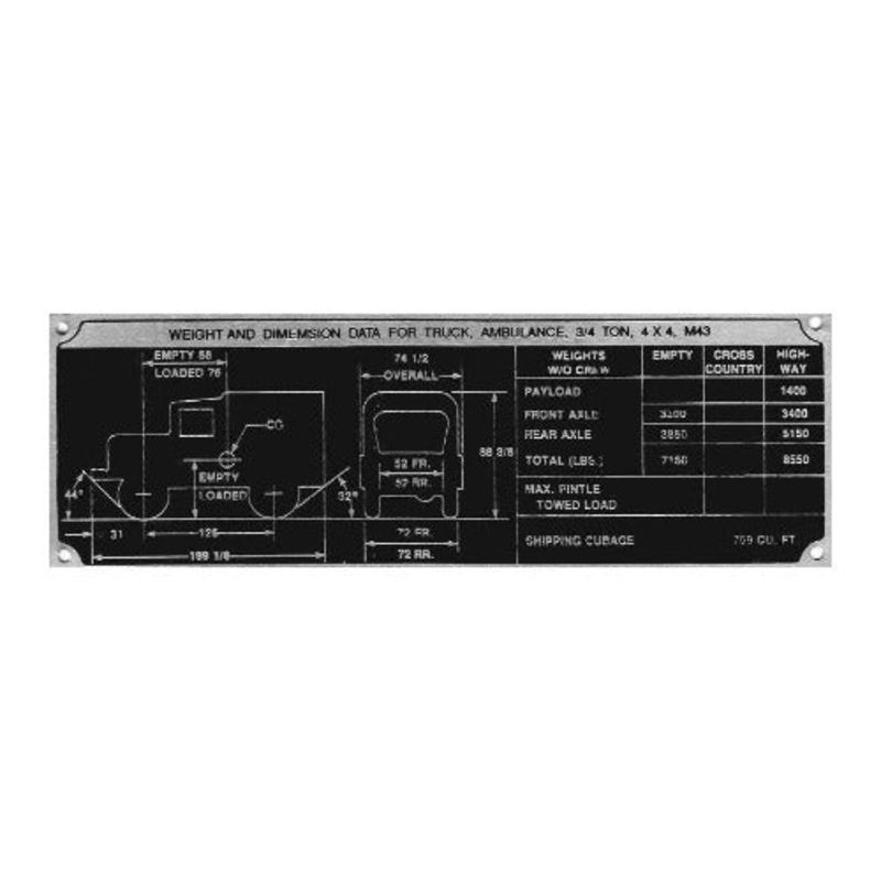 Data Plate #28 – M43 Ambulance Weight & Dimensions
