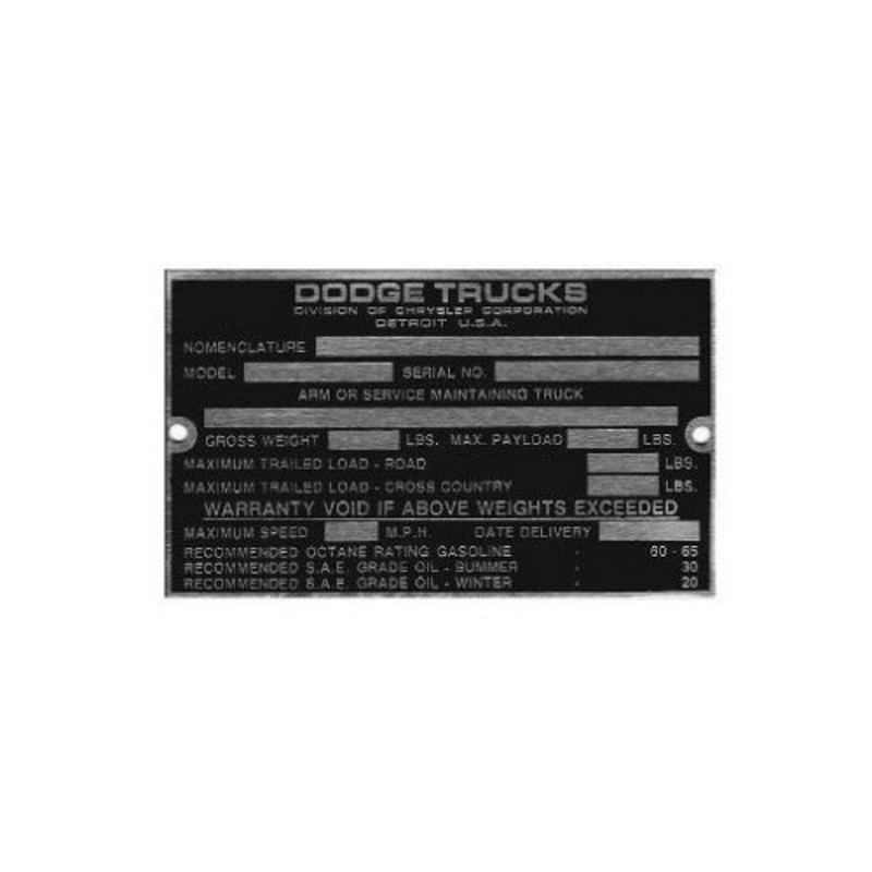 New Data Plate #01 – WWII WC 1/2 Ton Main I.D.