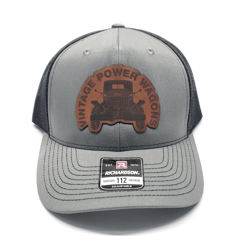 New VPW Logo Gray & Black Hat with Brown Leather Patch – Adjustable, Mesh Back Trucker Cap – ACC-Logo-Cap-GB-BR