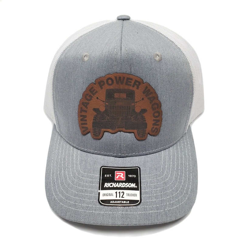 New VPW Logo Gray & White Hat with Brown Leather Patch – Adjustable, Mesh Back Trucker Cap – ACC-Logo-Cap-GW-BR