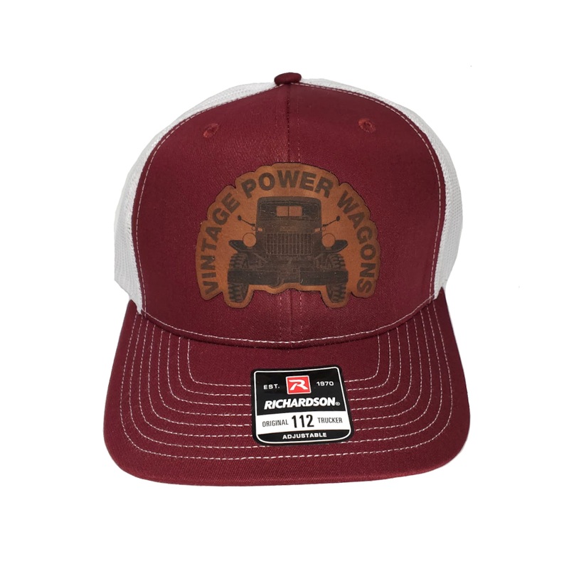 New VPW Logo Red & White Hat with Brown Leather Patch – Adjustable, Mesh Back Trucker Cap – ACC-Logo-Cap-RT-BR