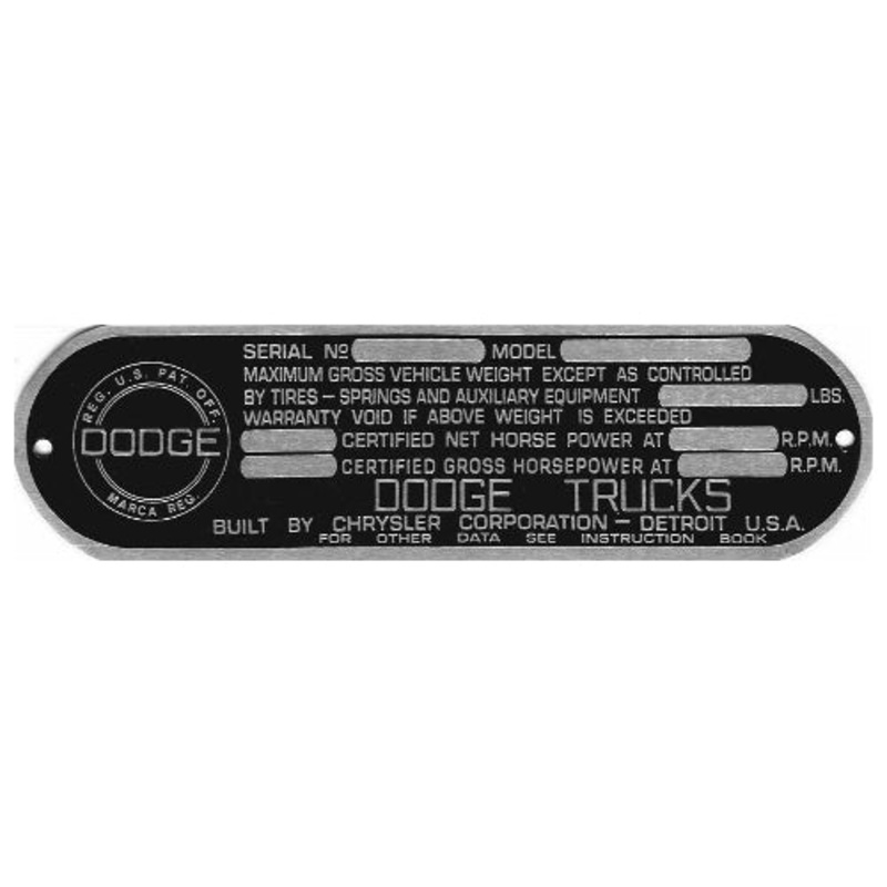 Data Plate #52 – Civilian 48-57 Dodge Trucks Main I.D.