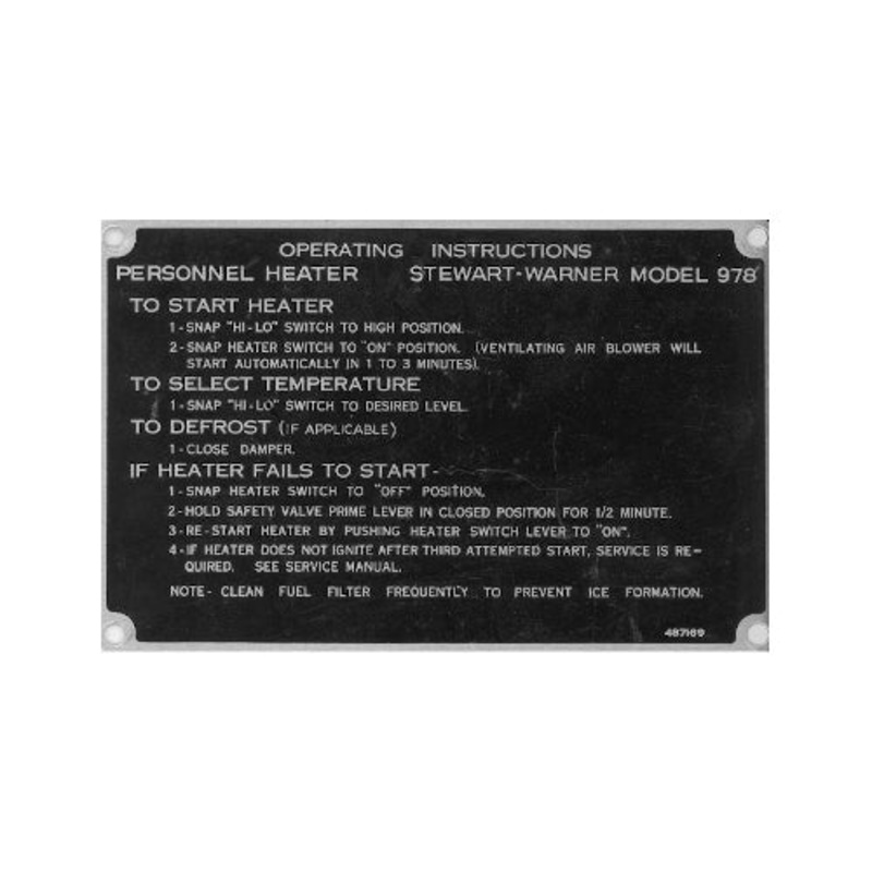 Data Plate #63 – Stewart / Warner 978 Personnel Heater – Operating Instructions