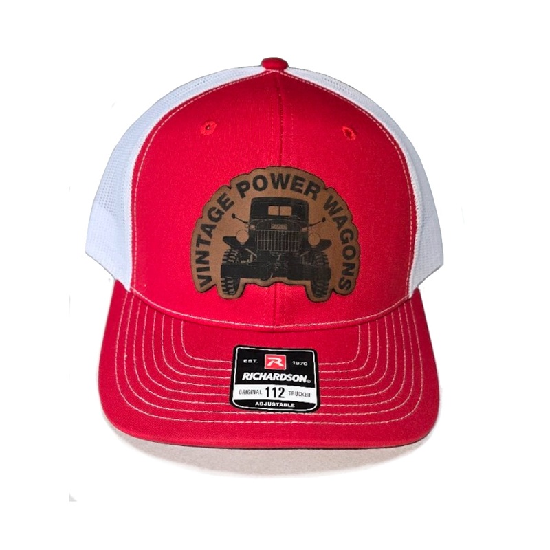 New VPW Logo Candy Apple & White Hat with Brown Leather Patch – Adjustable, Mesh Back Trucker Cap – ACC-Logo-Cap-CA-BR